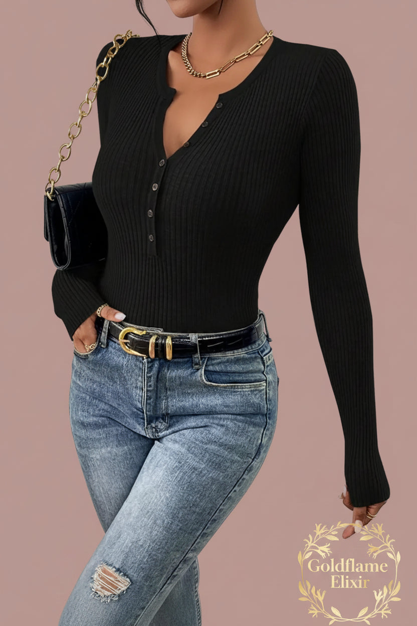 Ribbed Knit Button Front Knit Top - Goldflame Elixir