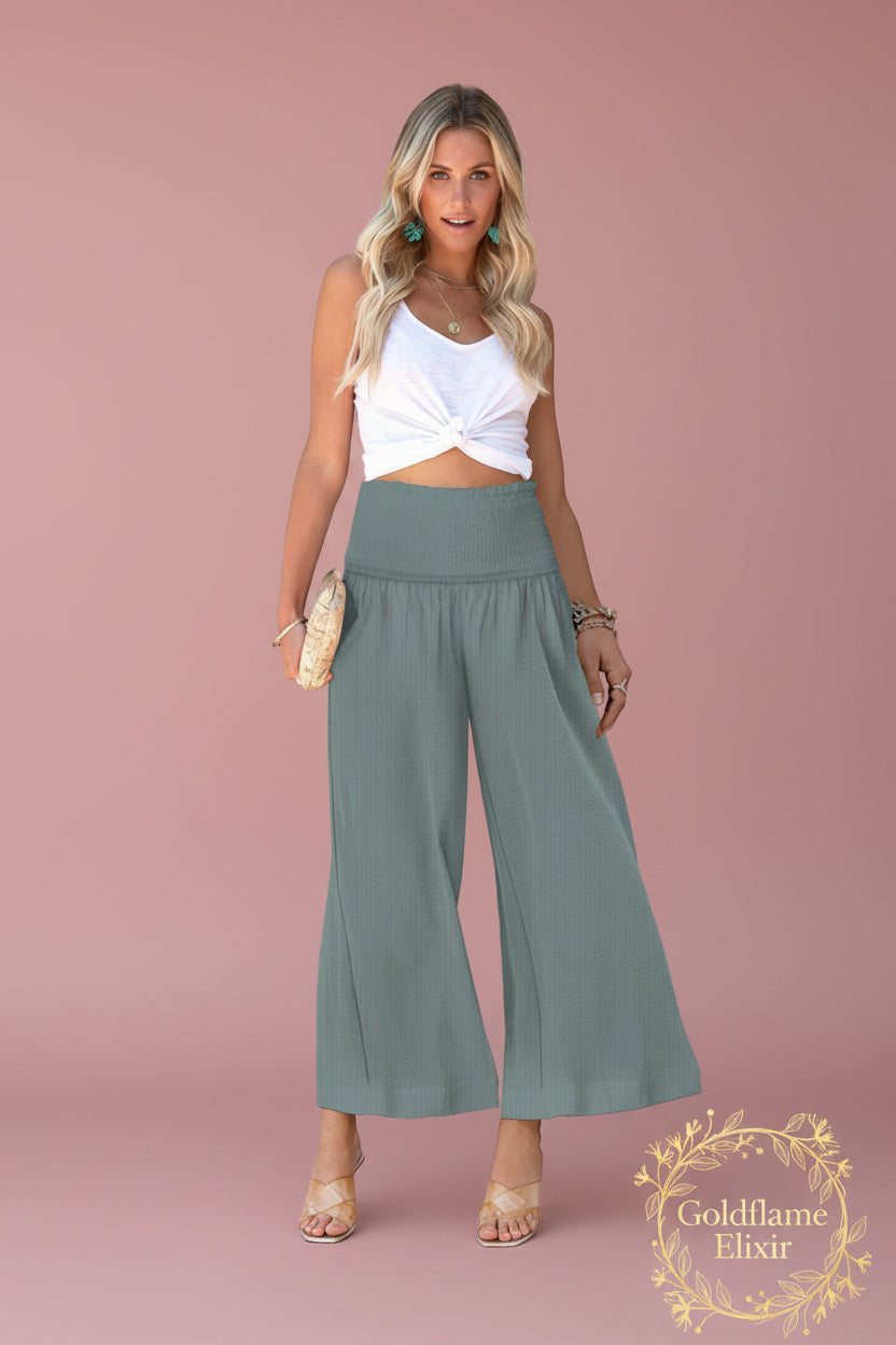Wide-Leg Smocked Waist Pants for Effortless Style - Goldflame Elixir