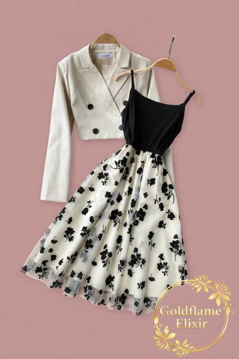 Floral Mesh Dress and Blazer Set - Goldflame Elixir