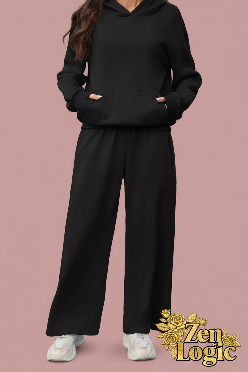 Kangaroo Pocket Hoodie and Wide-Leg Pant Set - Comfort Meets Style - Goldflame Elixir