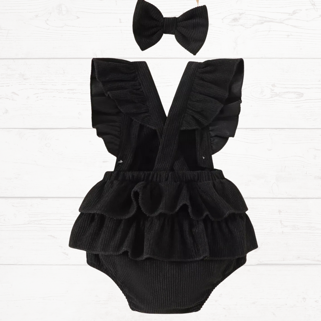 Black back view ruffle bodysuit with bow headband