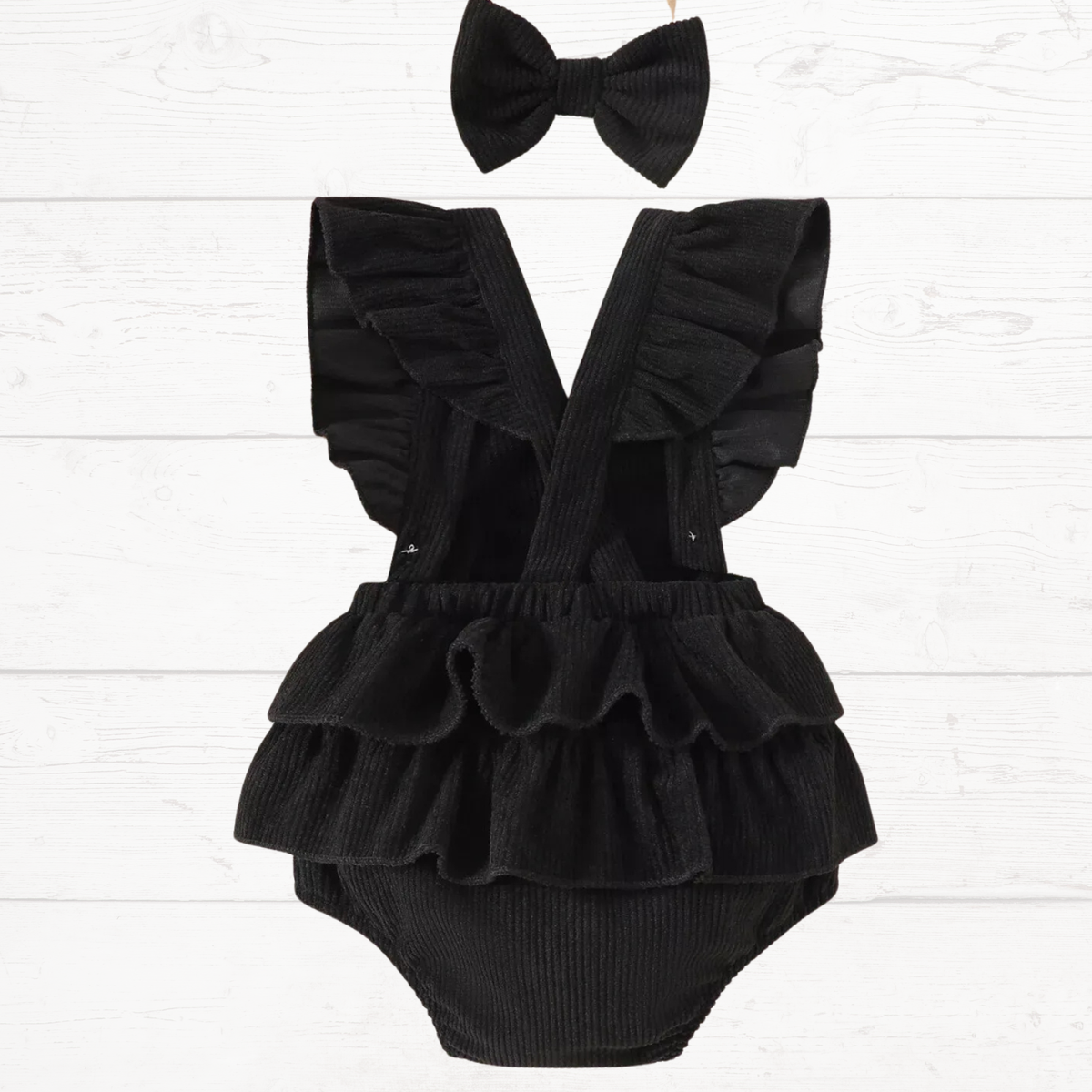 Black back view ruffle bodysuit with bow headband