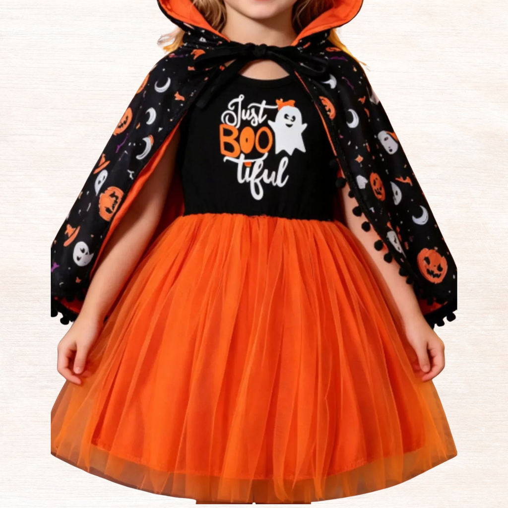 Kids ghost dress with orange tulle skirt, black cape hood, and 'Just Boo-tiful' front