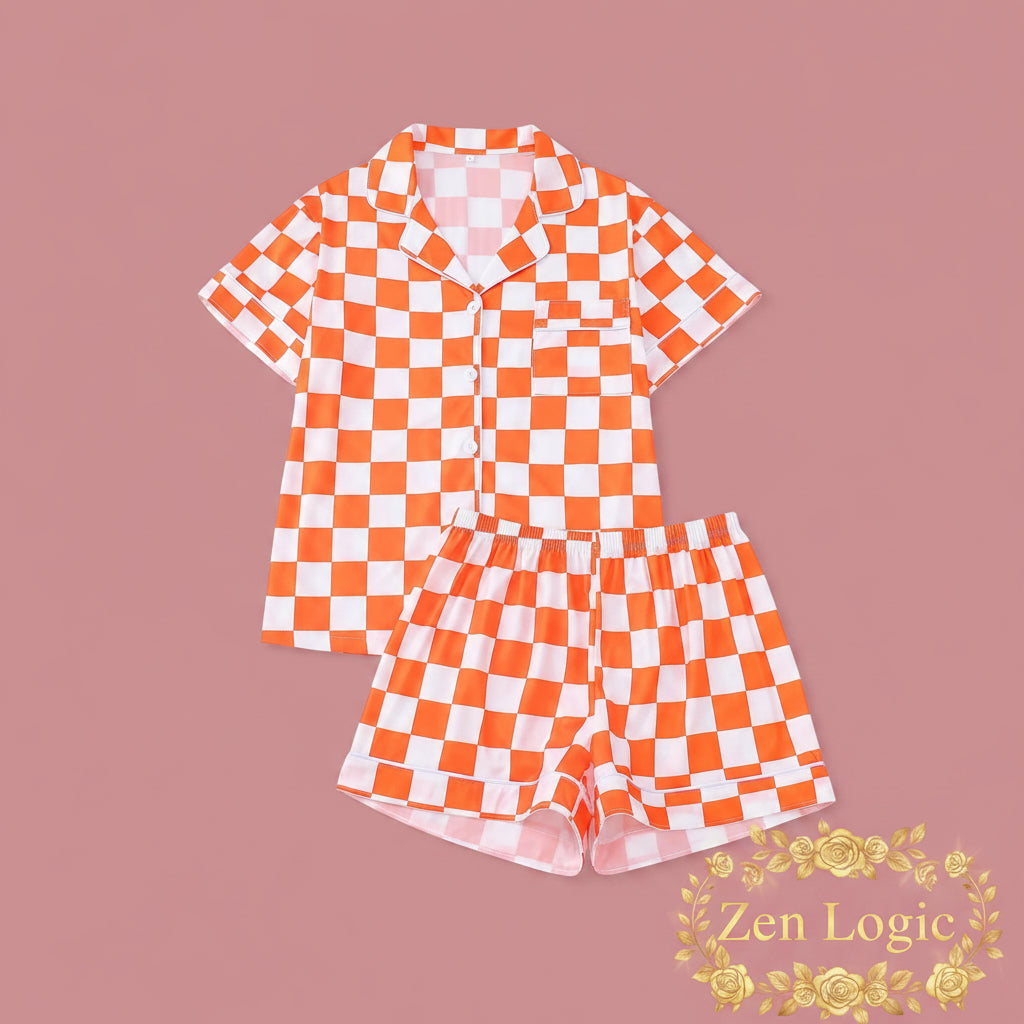 Checkered Print Button Up Top and Shorts Lounge Set - Goldflame Elixir