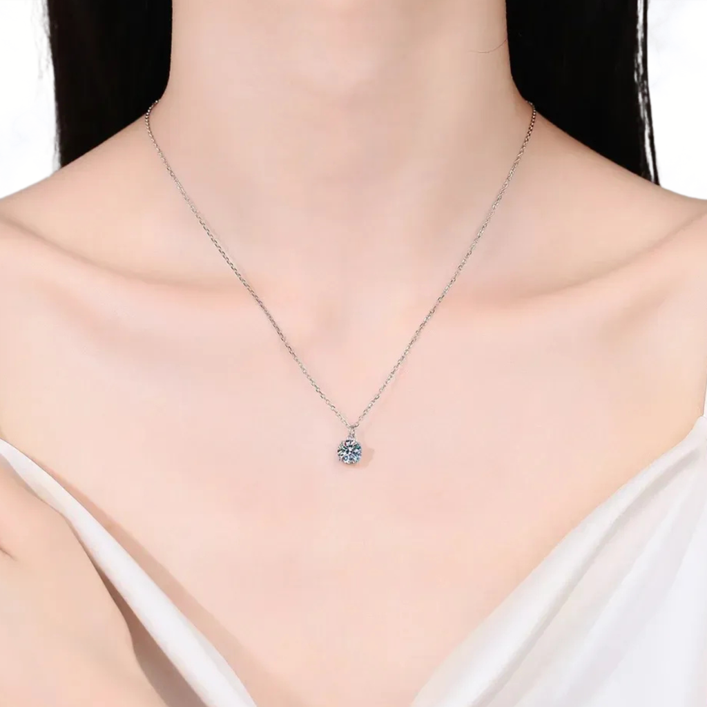 925 sterling silver necklace with round moissanite halo pendant on thin chain