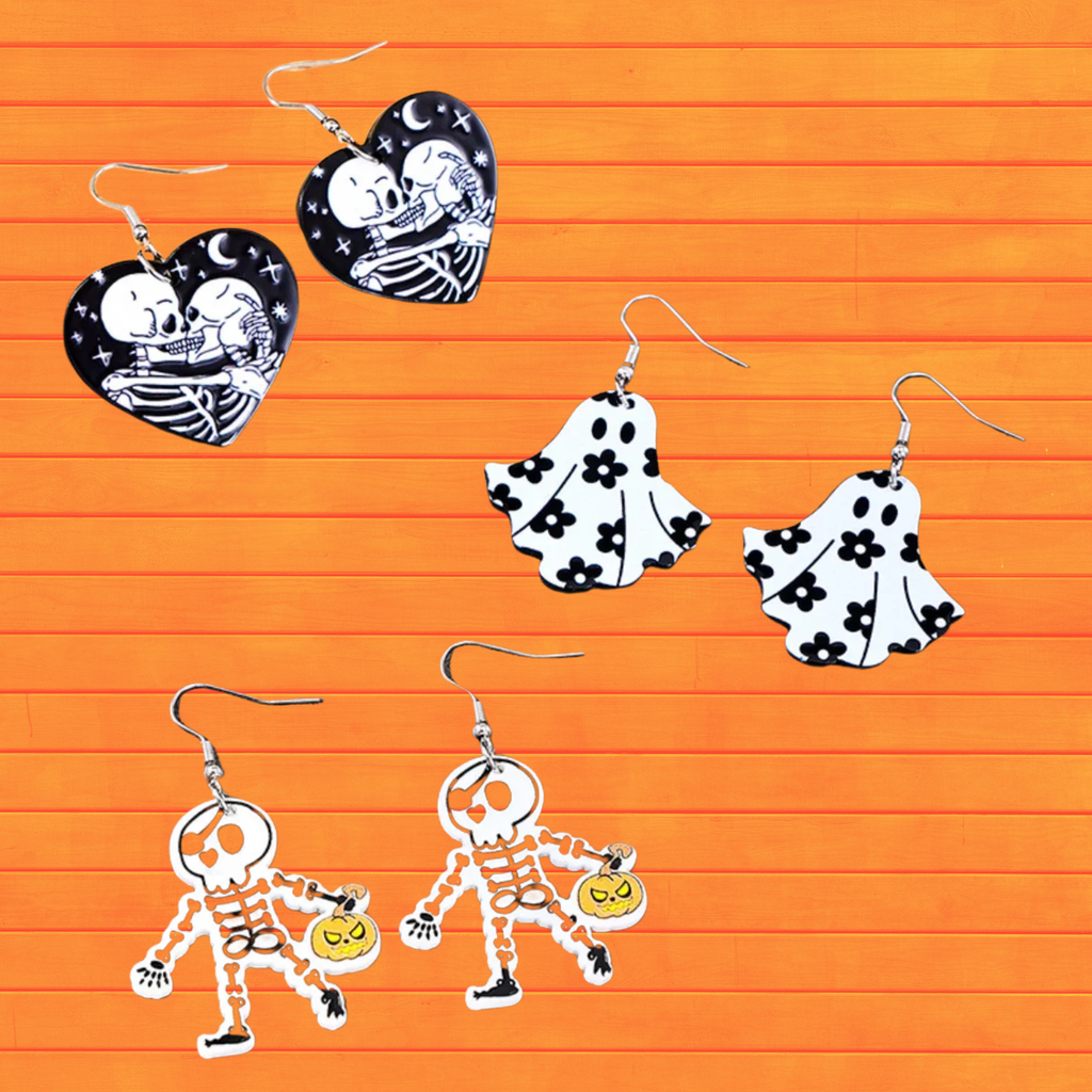 Halloween acrylic dangle earrings set with skull-heart, ghost skirt, and pumpkin skeleton designs