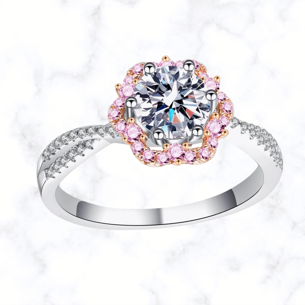 Silver ring with round center stone, pink flower halo and crisscross prong setting