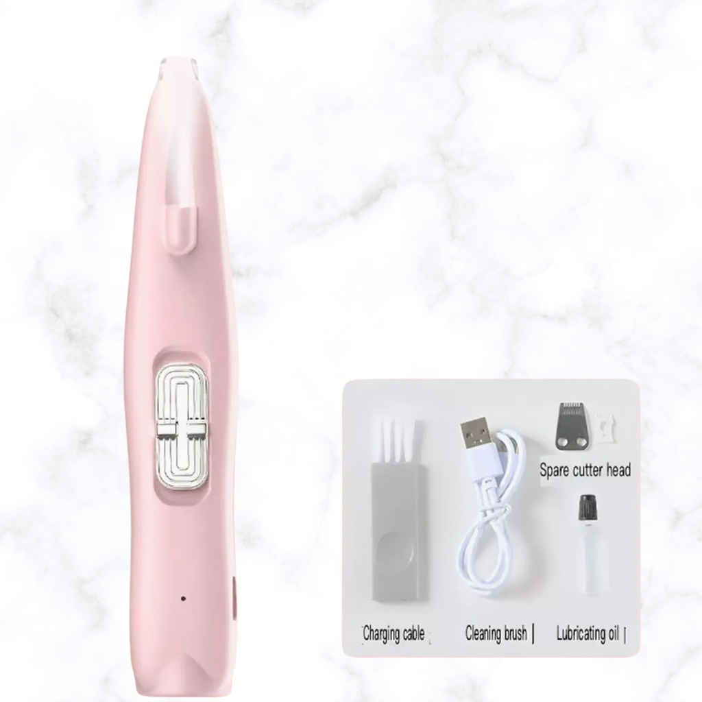 Pink rechargeable pet hair clipper with trimming head and charging indicator window