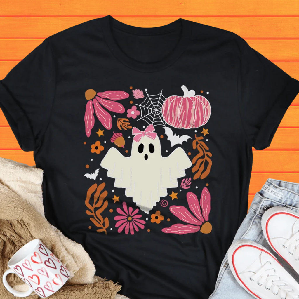 Black Halloween ghost T-shirt with large pink pumpkin and colorful floral spiderweb