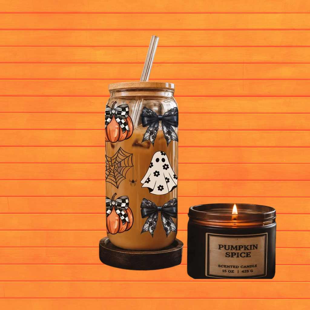 20oz Halloween drink jar with straw and wooden lid, pumpkin bat graphic wrap