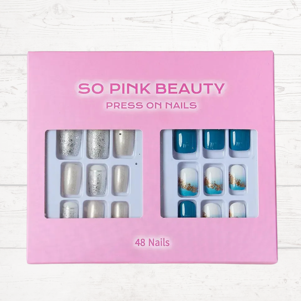 Pink press-on nail sets in box: silver glitter and blue designs, 48 nails