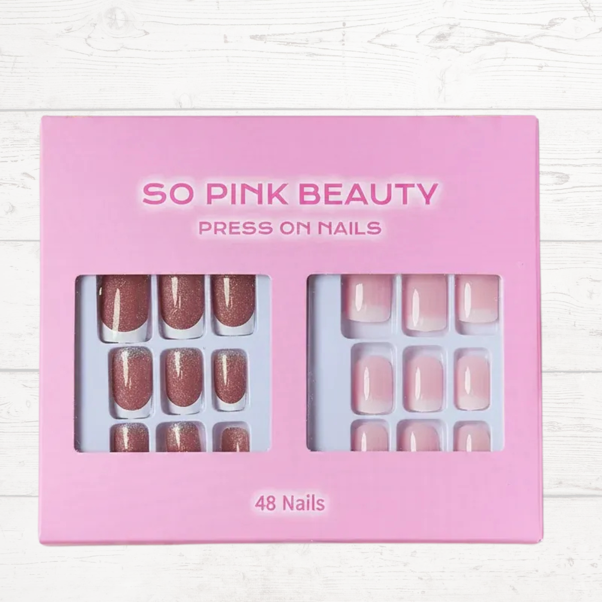Press-on nails set: rose glitter and pink nude tips, 48 nails in display panels