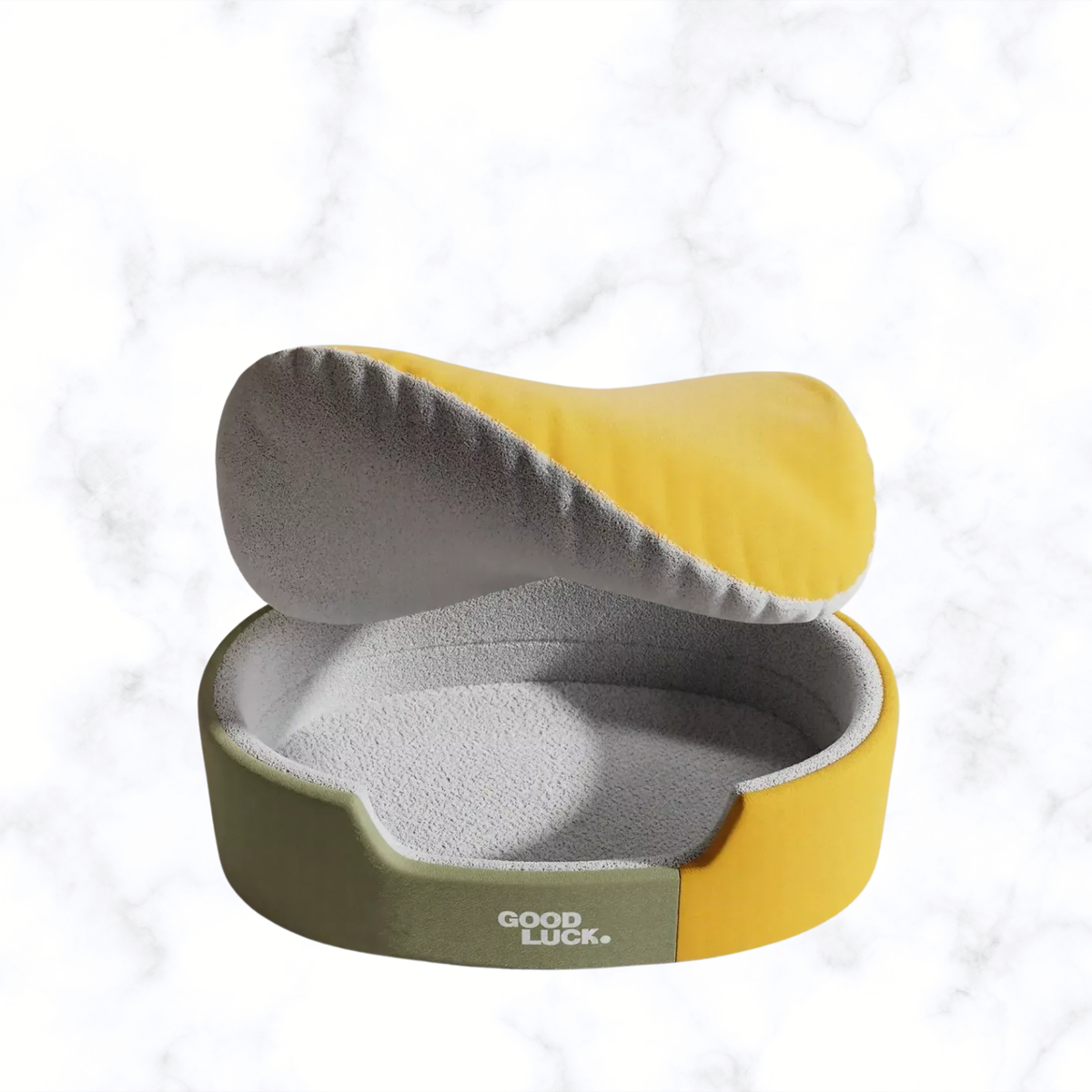Two-tone oval plush pet nest, yellow and olive sides, gray inner cushion