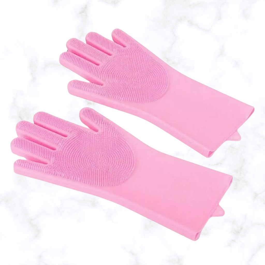 Pink pet grooming shower gloves with textured silicone bristles