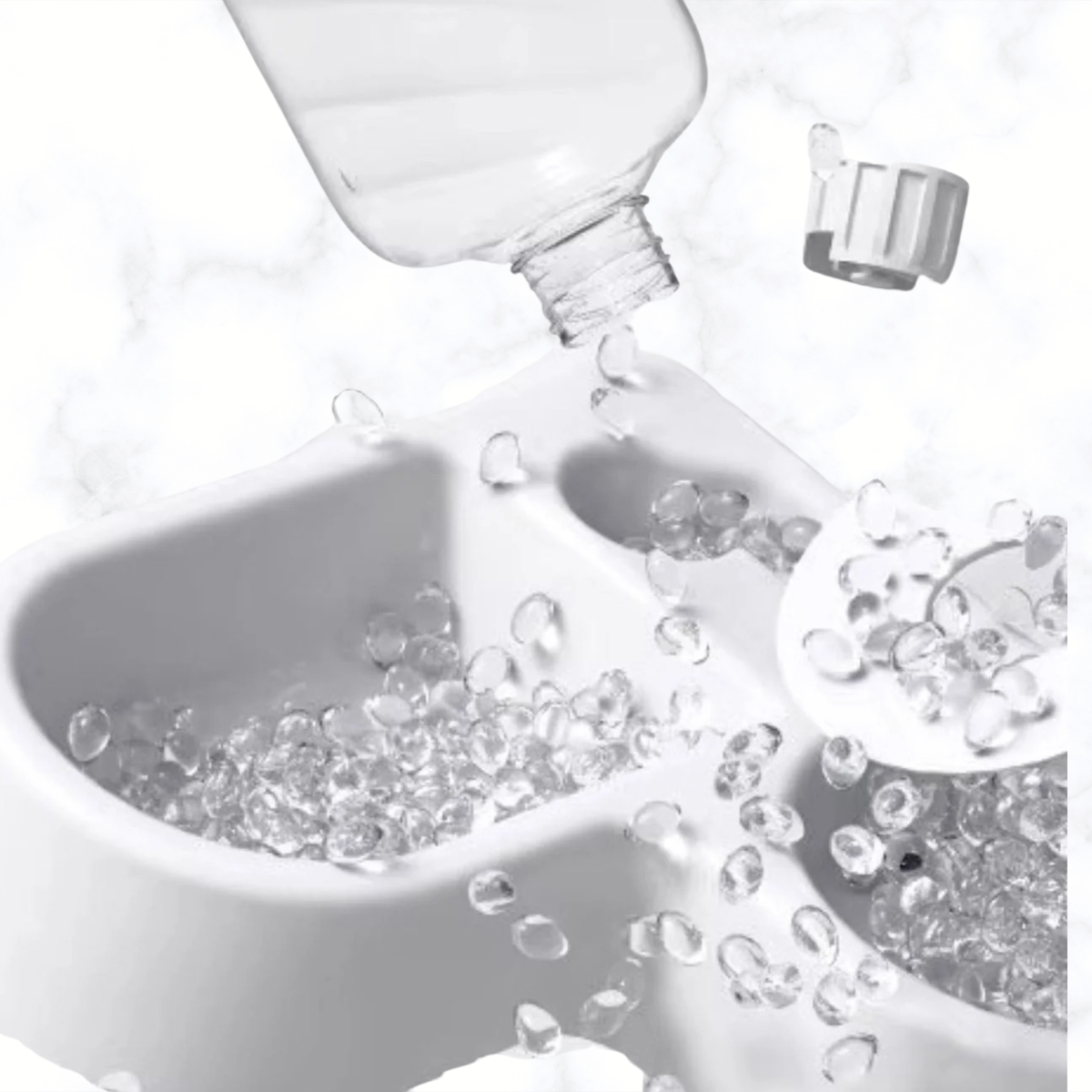 White automatic water refilling pet bowl with dual dishes and water stream