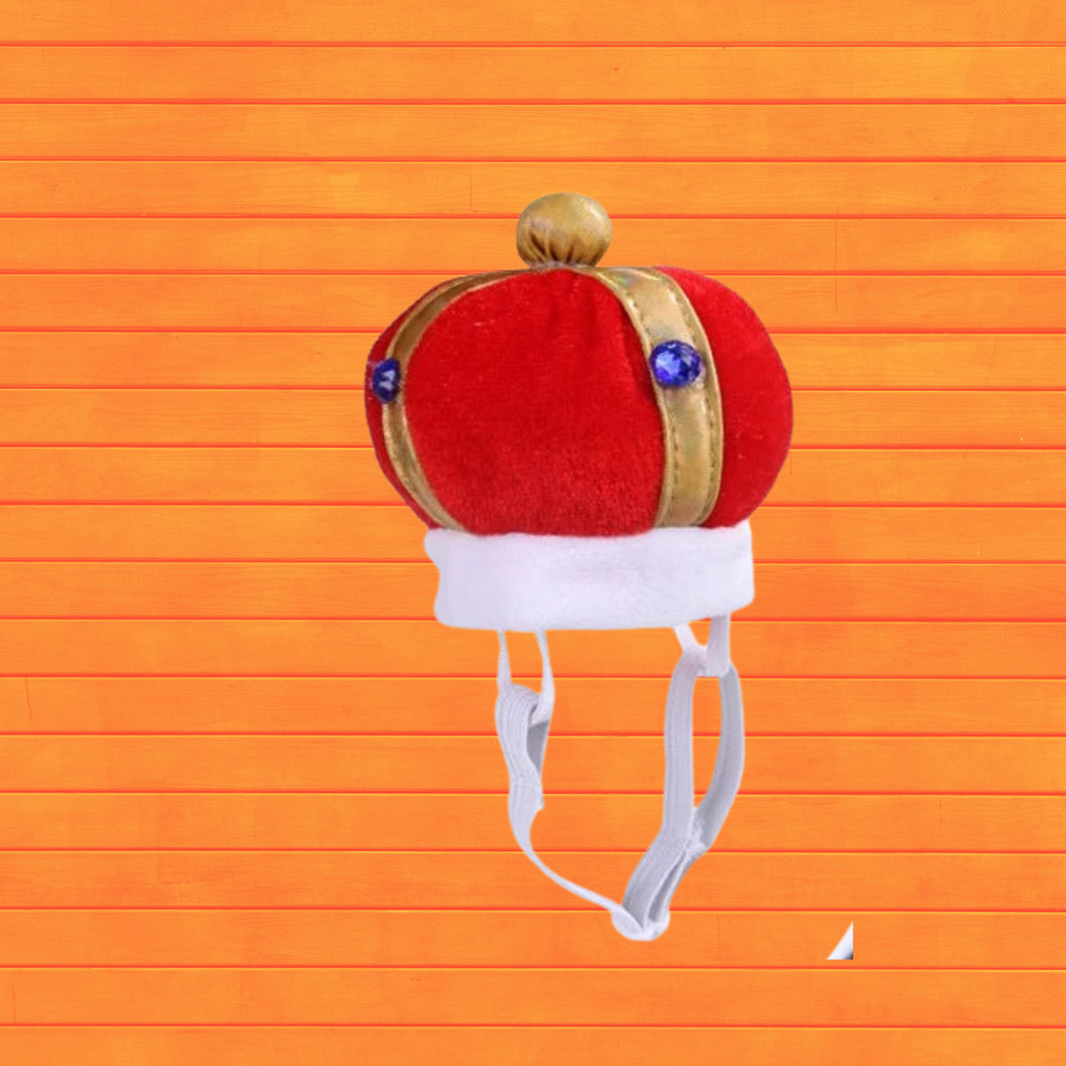 Red velvet pet king crown hat with gold trim and white chin ties