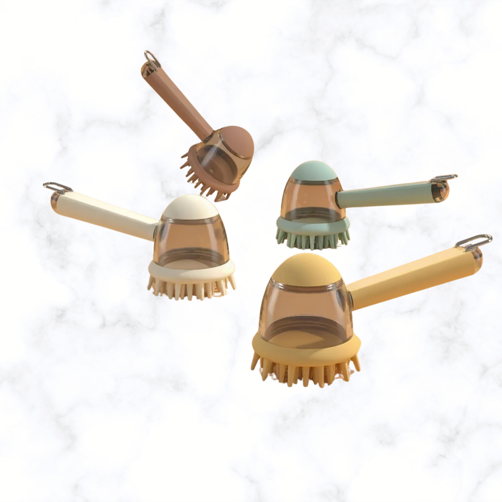 Soap-dispensing pet bath brush set with off-white handles and round bristle heads