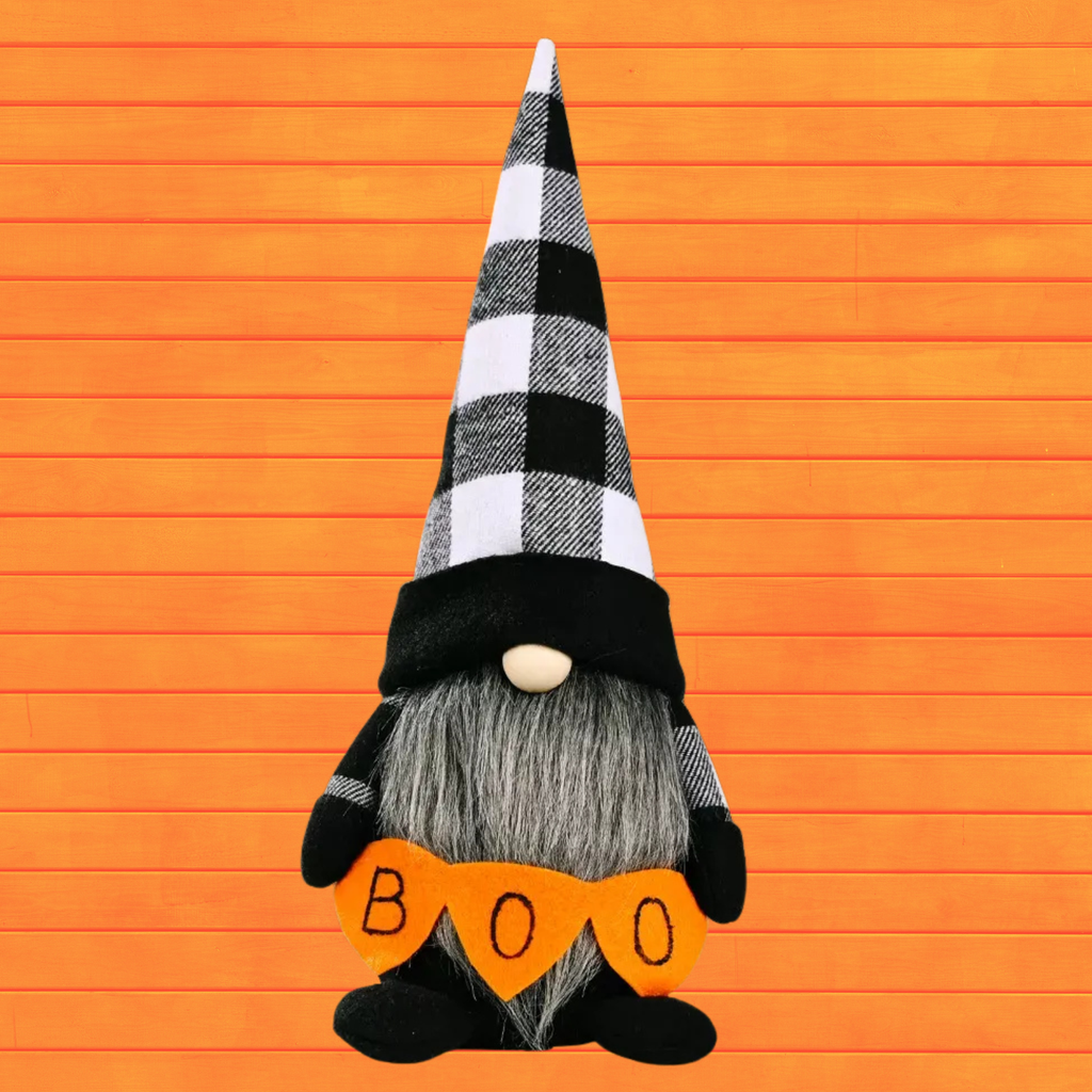 Halloween gnome decoration with plaid pointed hat, black outfit, orange BOO letters