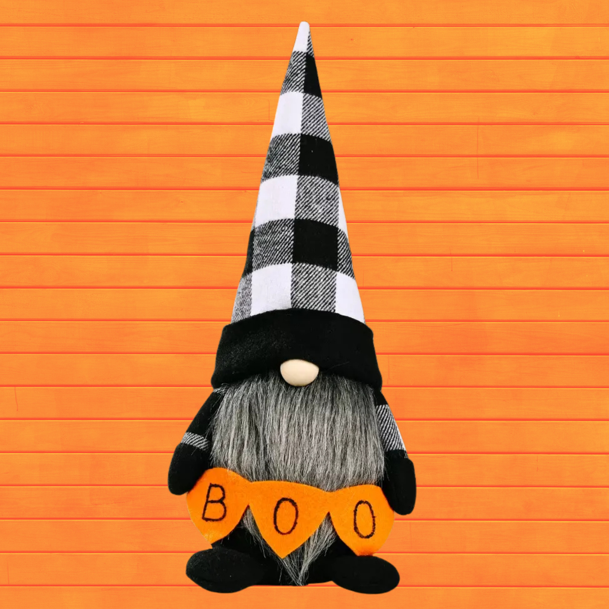 Halloween gnome decoration with plaid pointed hat, black outfit, orange BOO letters