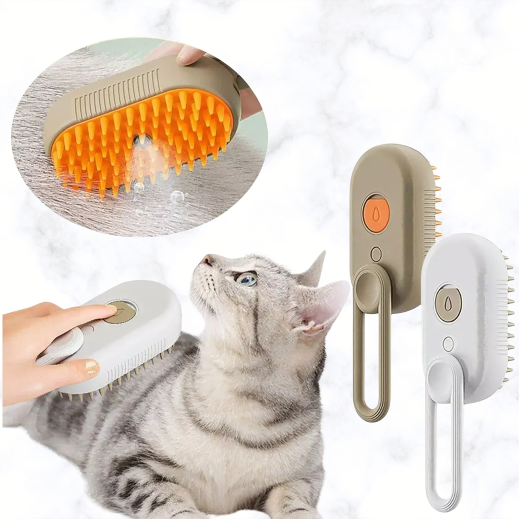 Taupe electric pet massage brush with orange silicone bristles and on/off buttons
