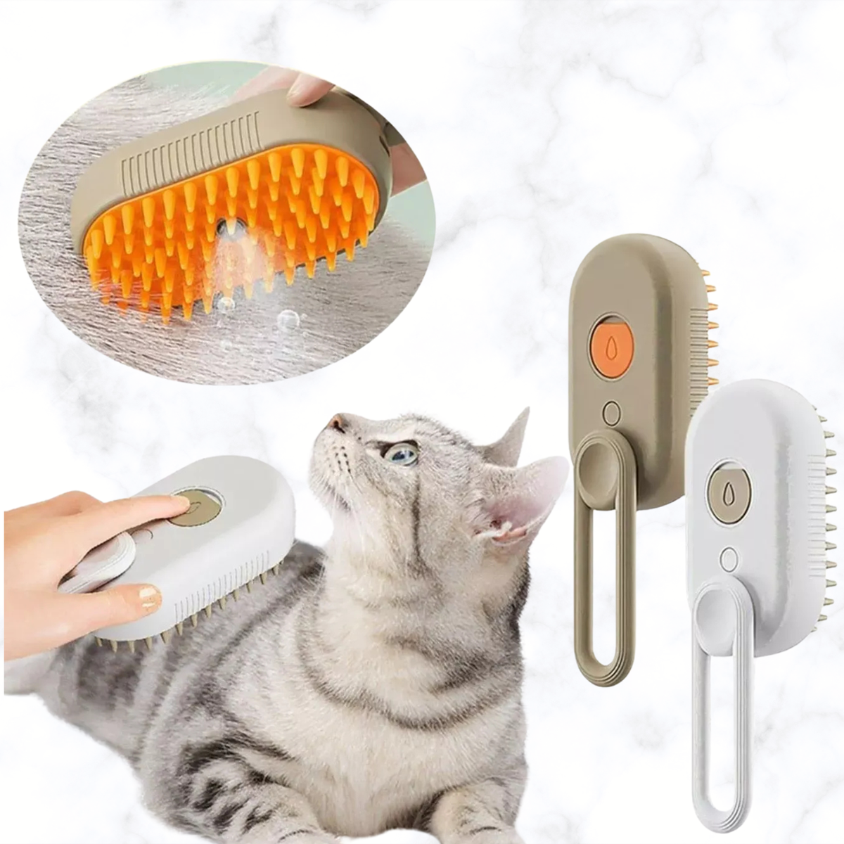 Taupe electric pet massage brush with orange silicone bristles and on/off buttons