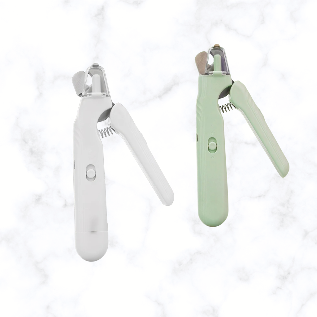 Electric pet nail grinder, white and sage handheld with safety guard and grinding head