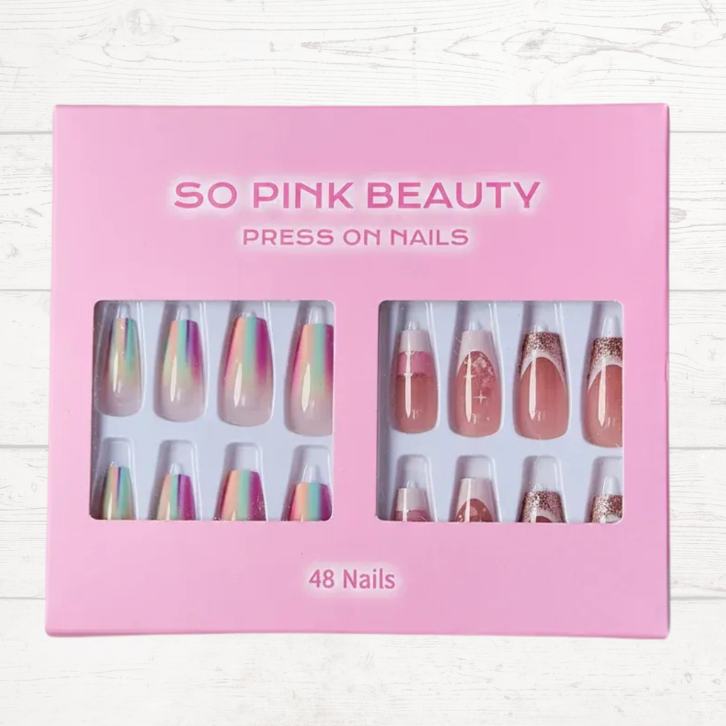 Press-on nail set in box, multicolor foil and pastel marble designs, 48 nails