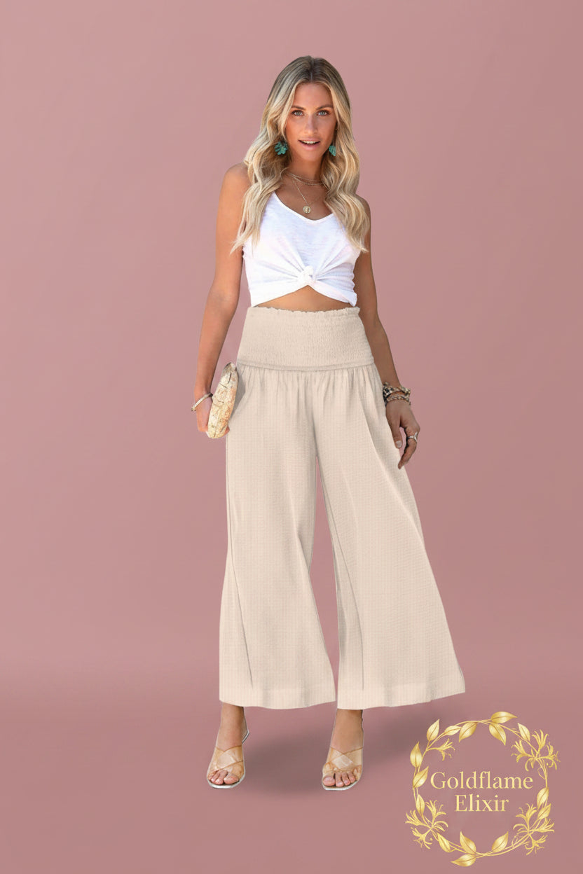 Wide-Leg Smocked Waist Pants for Effortless Style - Goldflame Elixir