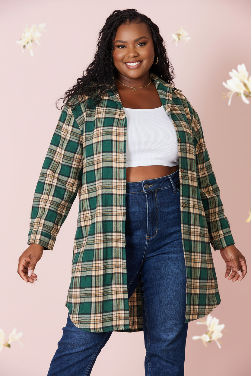 Dark green plaid collared long-sleeve button-up shirt with front placket