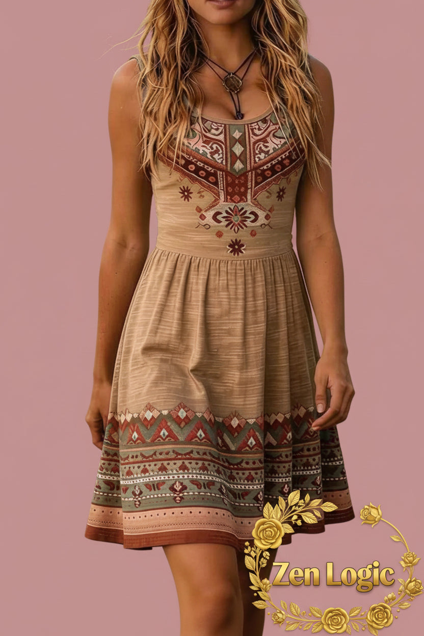 Bohemian Print Sleeveless Mini Dress - Effortless Style for Any Occasion - Goldflame Elixir