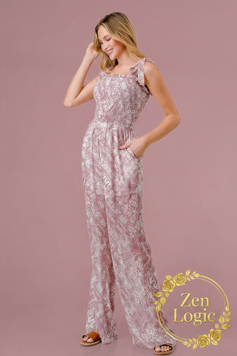 Printed Tie Shoulder Wide Leg Jumpsuit - Chic Versatility - Goldflame Elixir