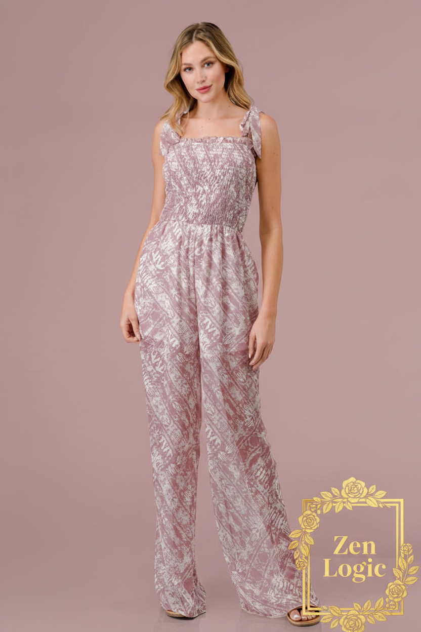 Printed Tie Shoulder Wide Leg Jumpsuit - Chic Versatility - Goldflame Elixir