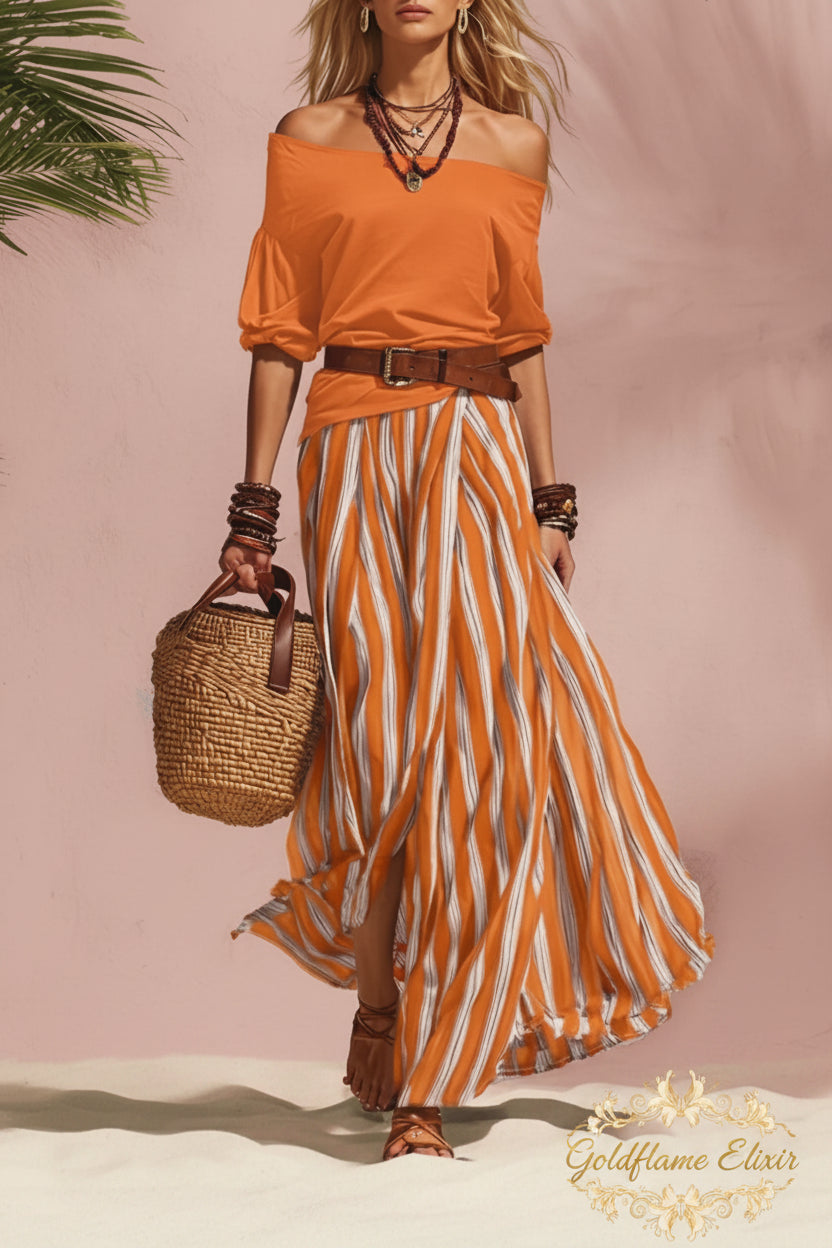 Off Shoulder Top and Striped Maxi Skirt Set with Belt - Chic Two-Piece Ensemble - Goldflame Elixir