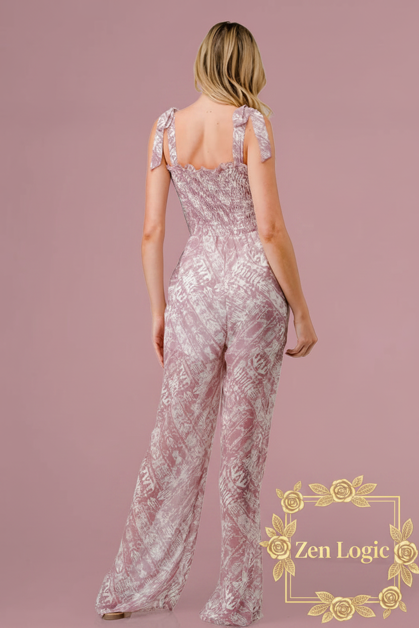 Printed Tie Shoulder Wide Leg Jumpsuit - Chic Versatility - Goldflame Elixir
