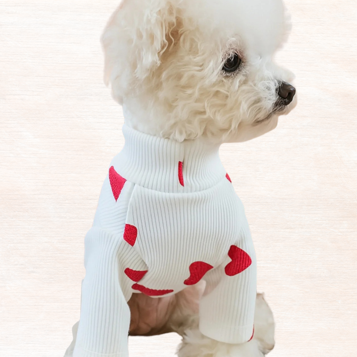 White heart-pattern pet sweater with red hearts, ribbed turtleneck and long sleeves