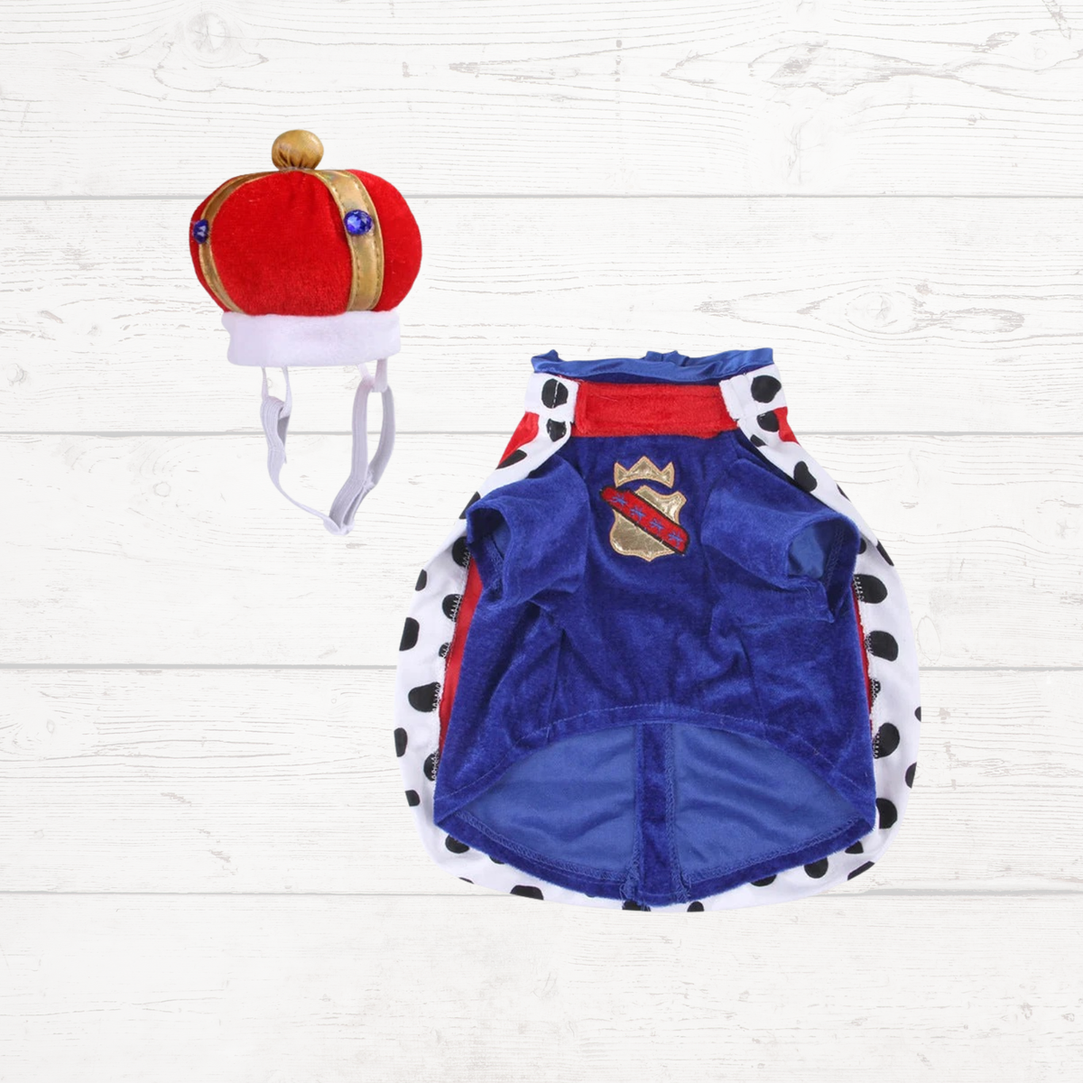 Pet king costume set: red crown hat and blue robe with white spotted side panels