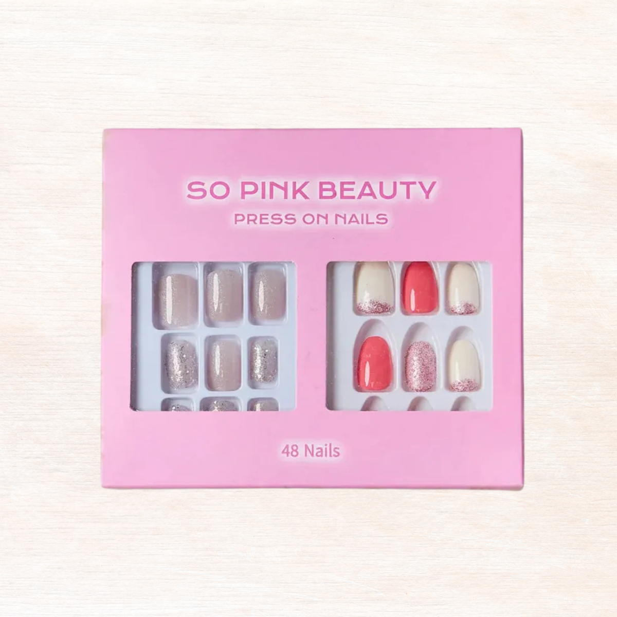 Press-on nail set in pink display box, gray glitter and red/pink mixed designs, 48 nails