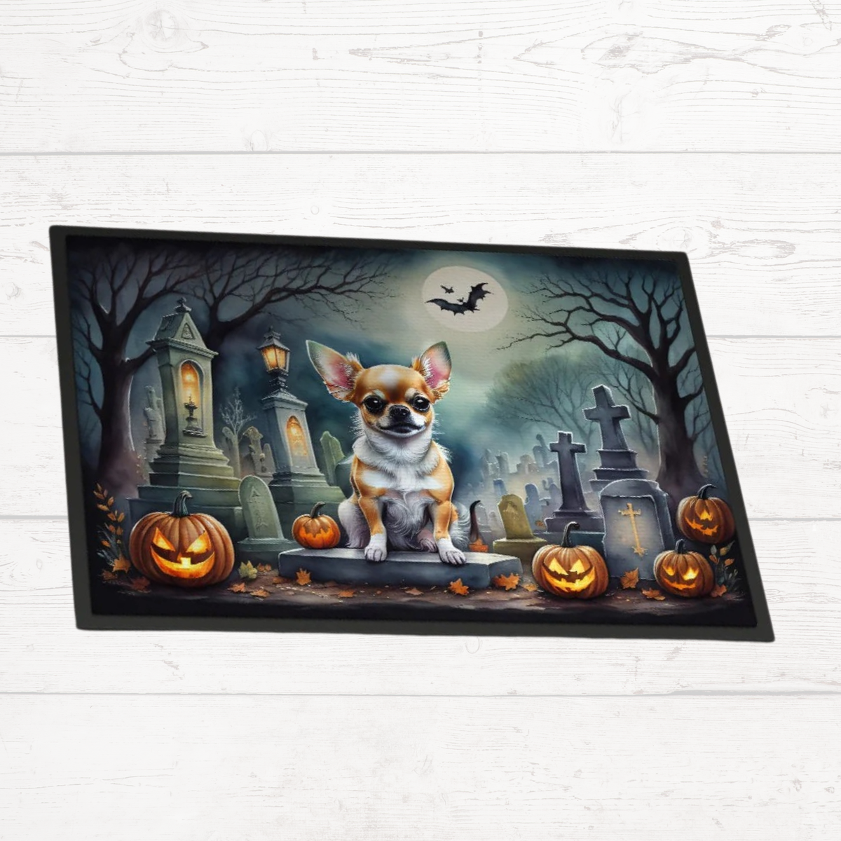 Halloween doormat with chihuahua standing in spooky graveyard among pumpkins and tombstones