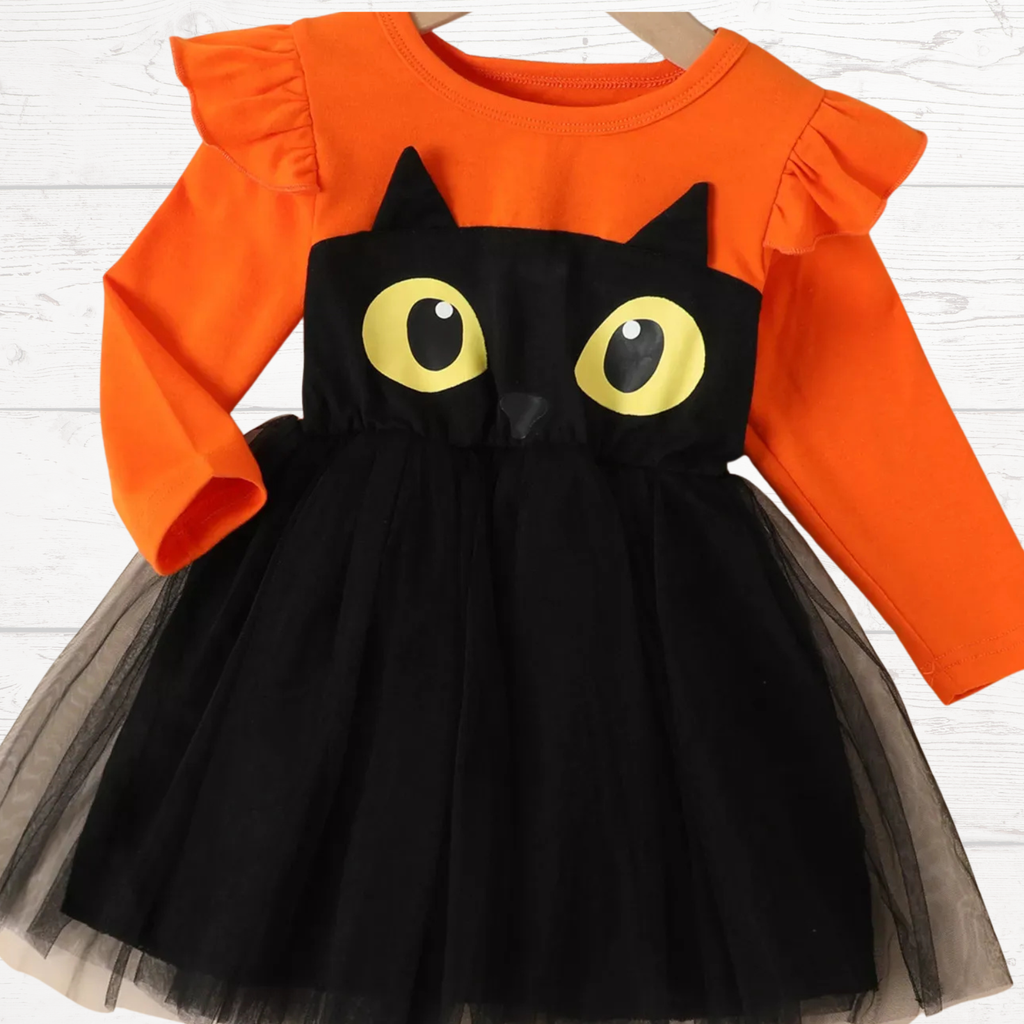 Orange long-sleeve ruffle top with black cat-face tulle skirt dress for kids