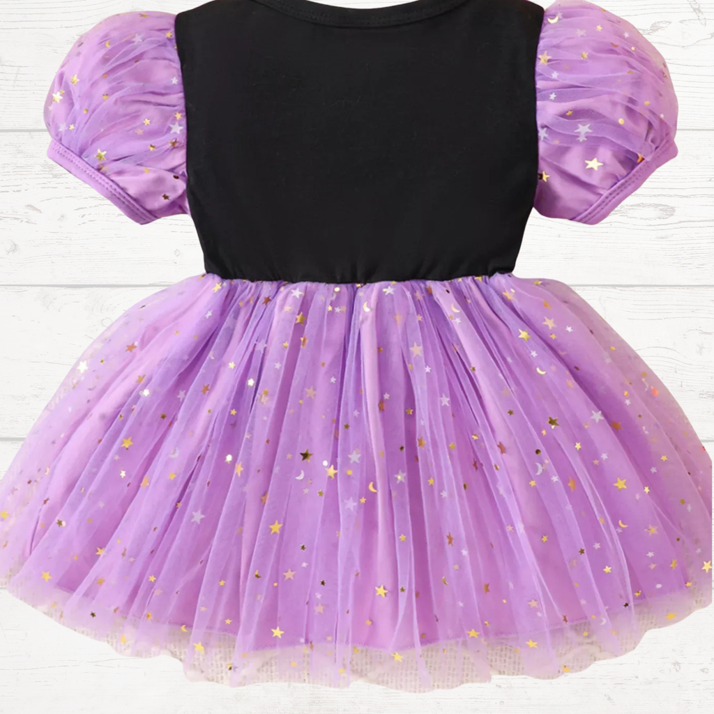 Purple tulle tutu dress with black bodice and gold star pattern