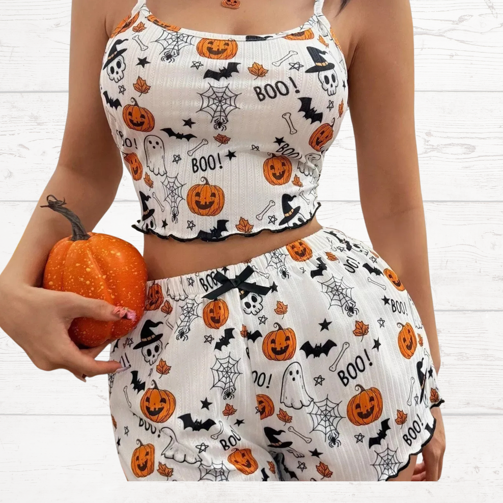 White Halloween cami and shorts set with orange pumpkins, bats, and spiderweb graphics