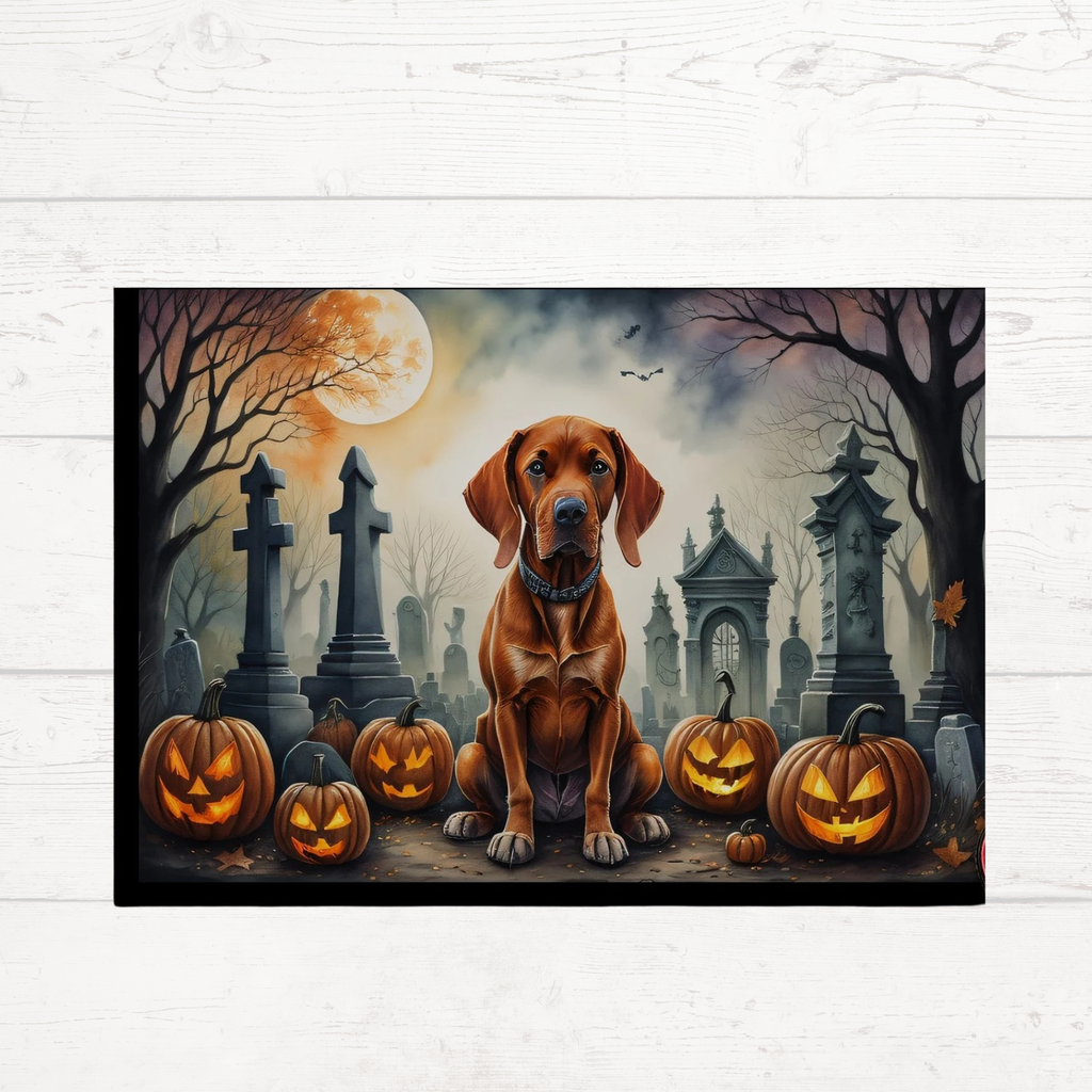 Rectangle Halloween doormat with brown Vizsla, jack-o-lanterns, and spooky gravestones