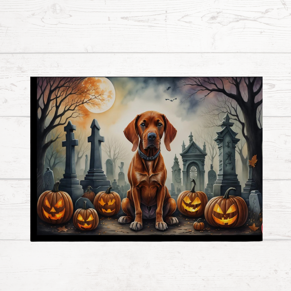 Rectangle Halloween doormat with brown Vizsla, jack-o-lanterns, and spooky gravestones