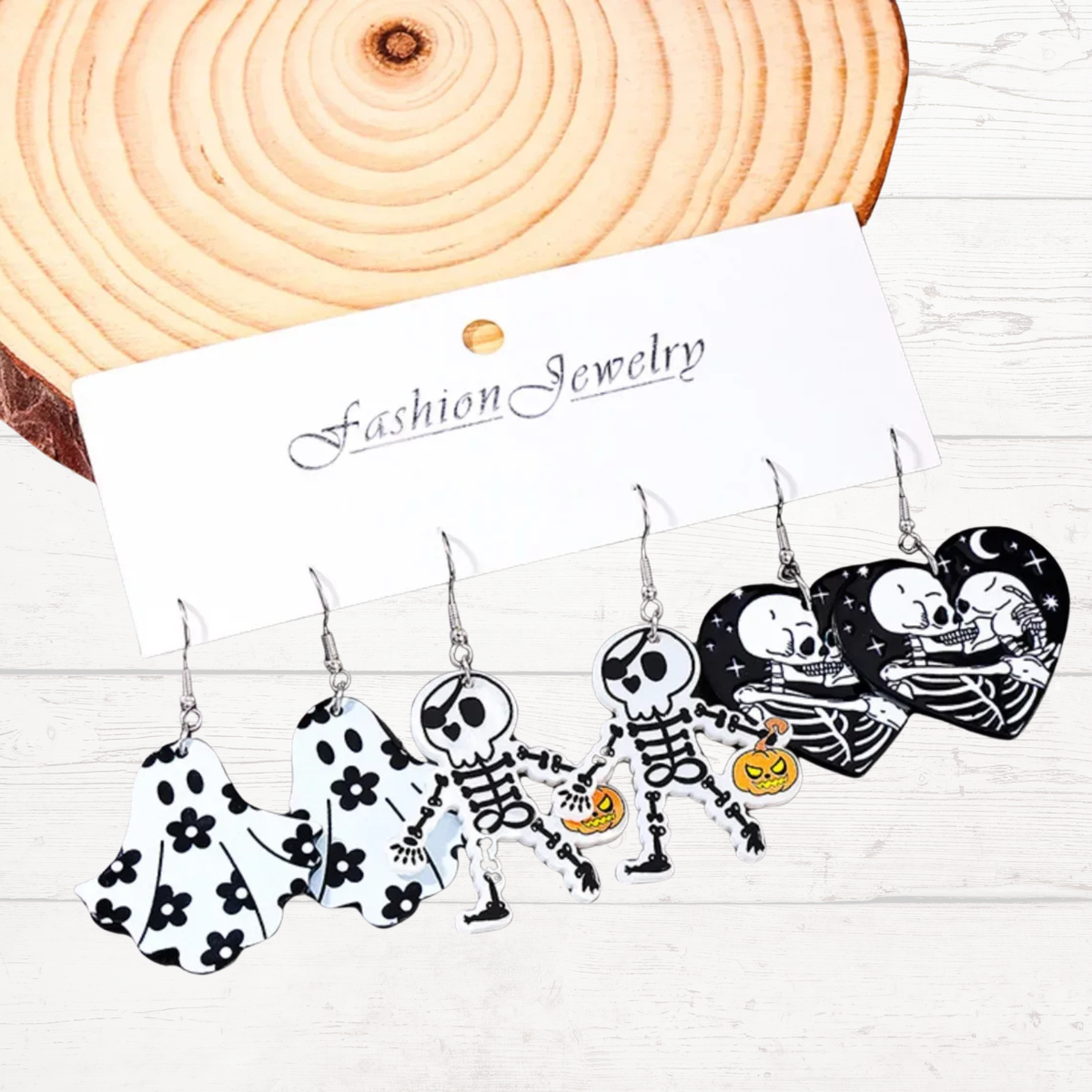 Carded Halloween acrylic dangle earrings: skull-heart, ghost skirt, skeleton with jack-o'-lantern