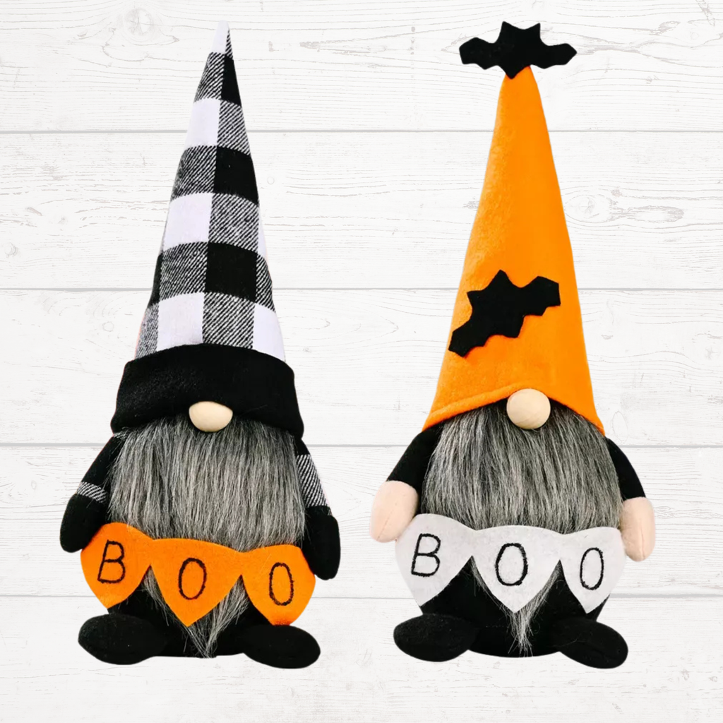 Halloween gnome decorations: left plaid hat, right orange hat, both show BOO on white bib