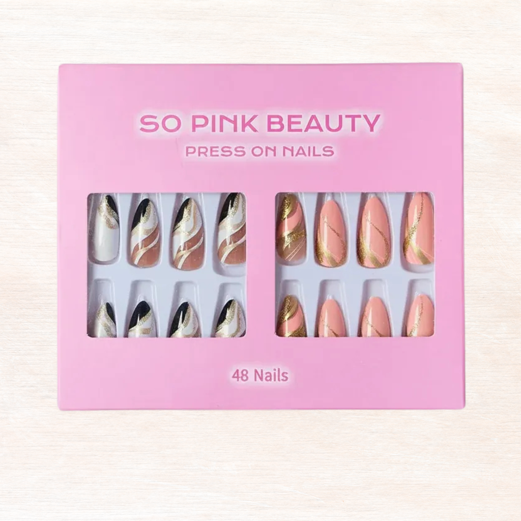 Press-on nail set in box, gold accent nude pink and white designs, 48 nails