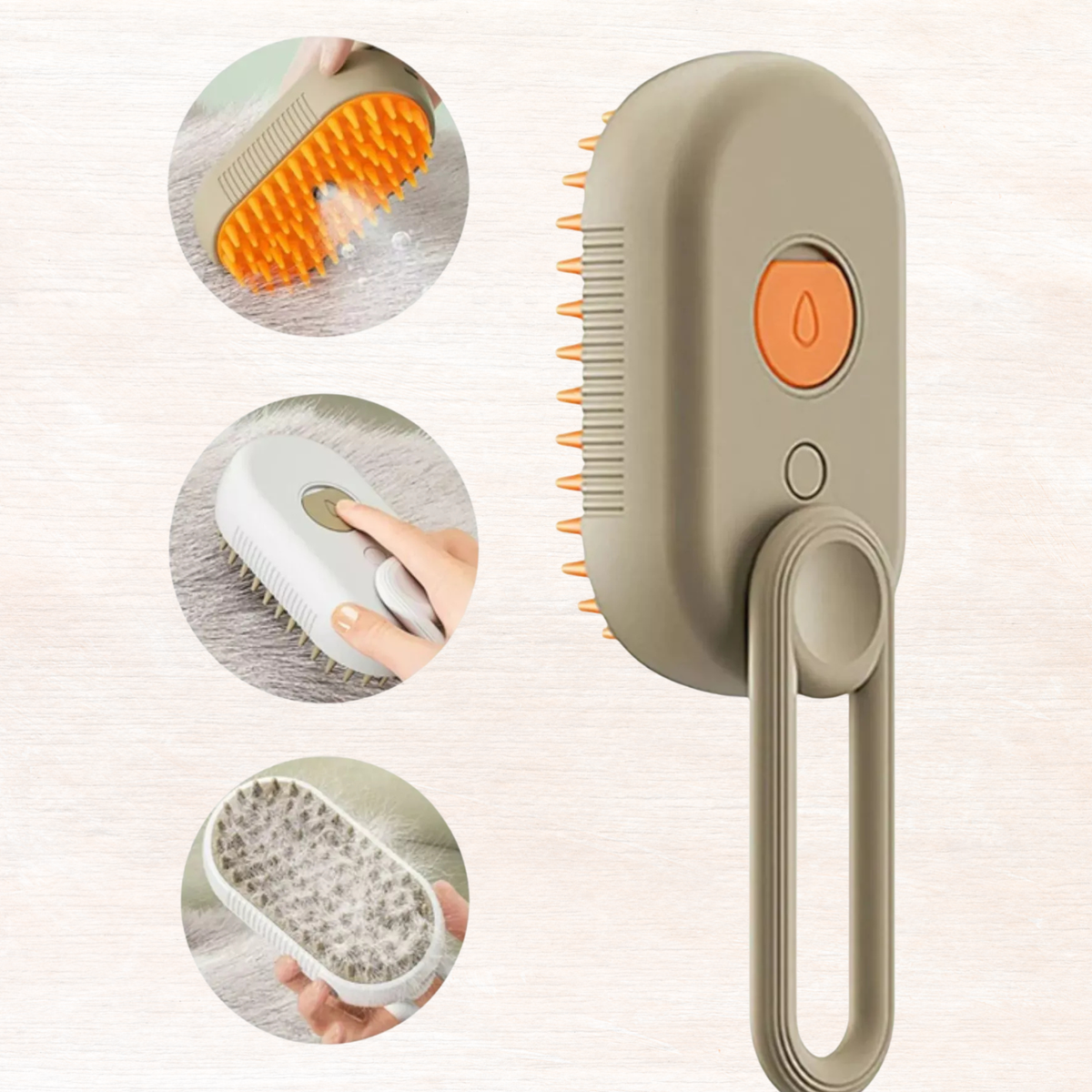 Taupe electric pet massage bath brush with orange bristles, upright stand and switch