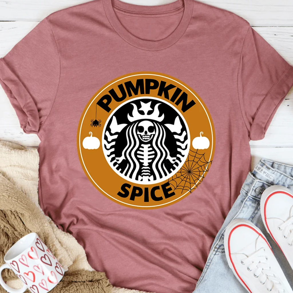 Mauve crewneck T-shirt with Pumpkin Spice graphic logo centered on front