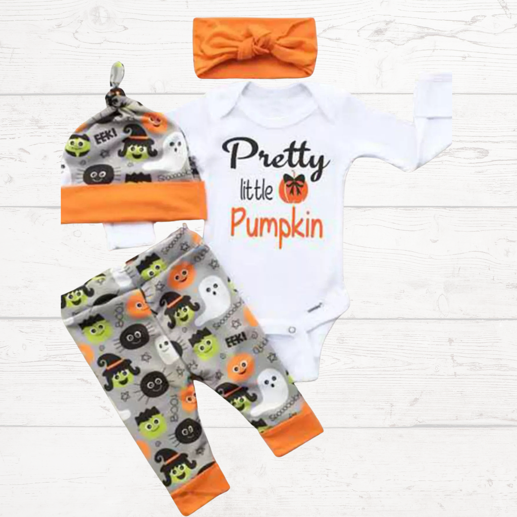 White Halloween onesie set with “Pretty little Pumpkin” print, orange headband, pants