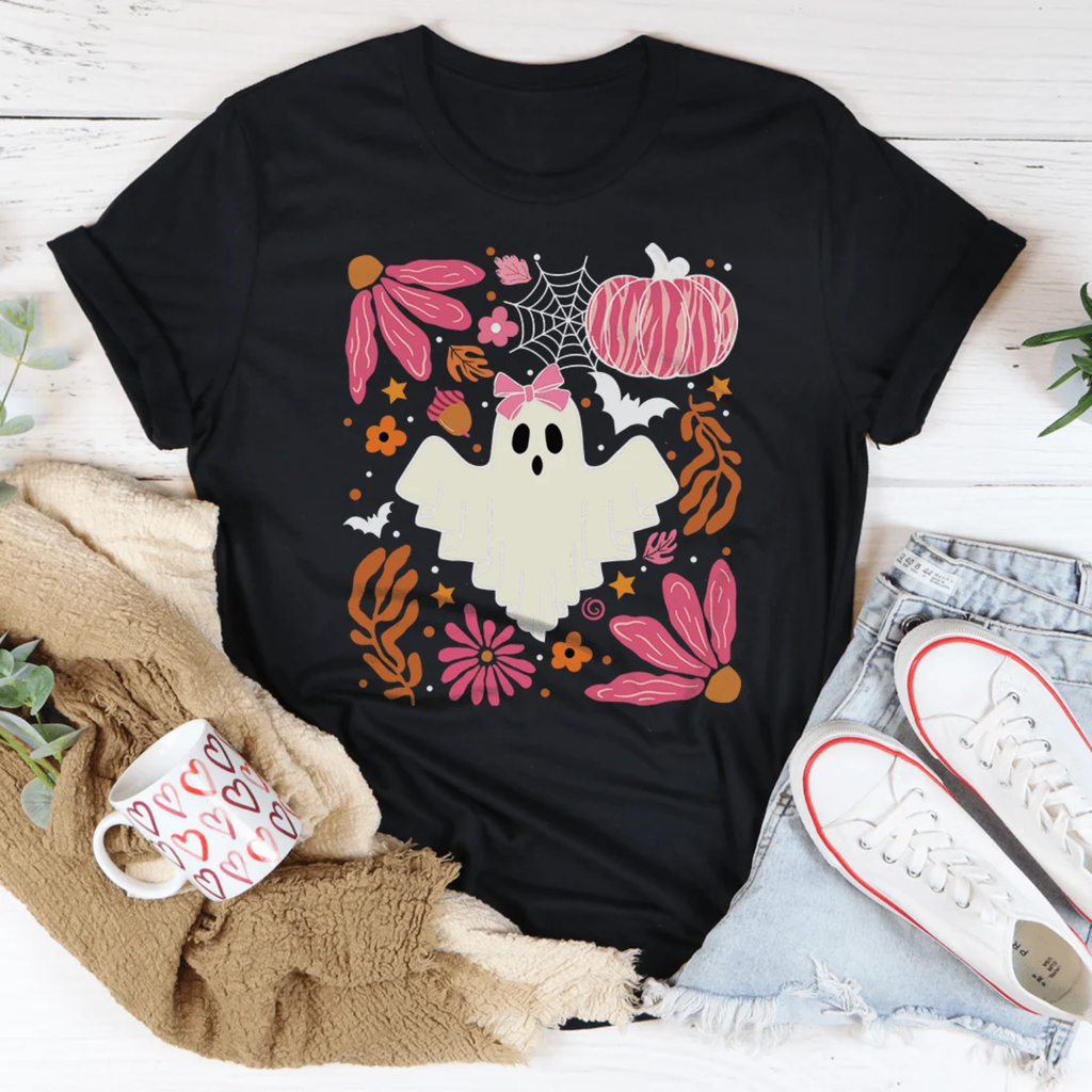 Black Halloween ghost T-shirt featuring pink pumpkin, bow, spiderweb and flower graphics